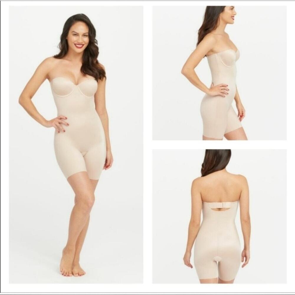 SPANX Suit Your Fancy Strapless Cupped Mid-Thigh Bodysuit size Small Nude 18895